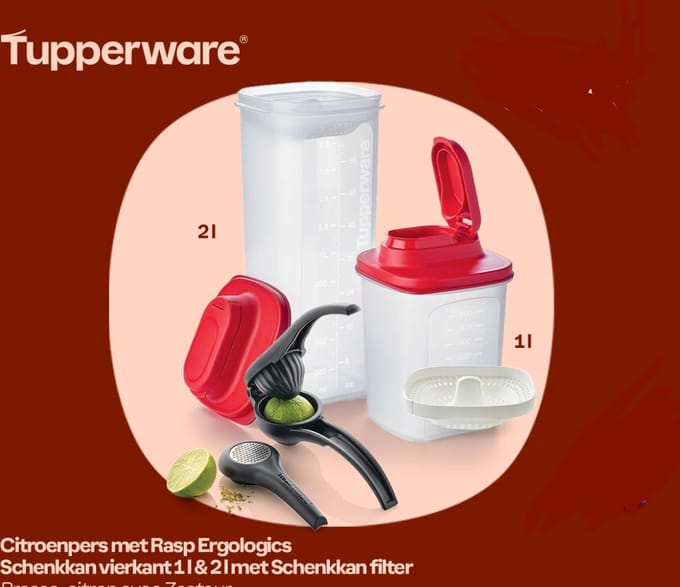 Tupperware citroenpers met rasp ergo en schenkkanvierkant 1L & 2Lmet filter