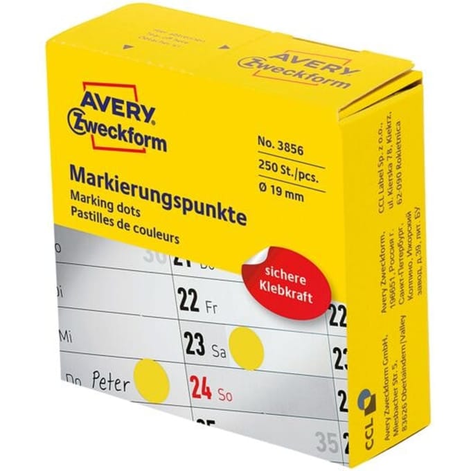 Avery Zweckform markeringspunten dispenserbox - permanent hechtend - diameter 19mm - geel