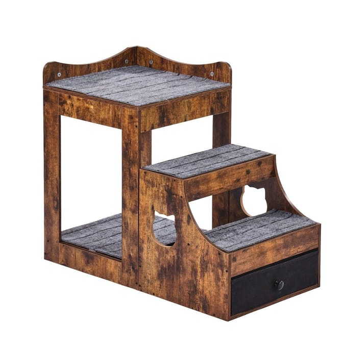 Lit superposé pour animaux de compagnie avec escalier Perchoir pour chien/chat avec fenêtre et rangement Intérieur Marron