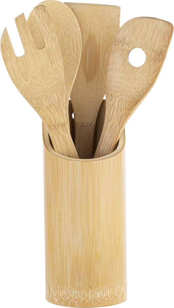 HI Bamboe houten keukengerei set 4-delig - spatels - lepels - houder