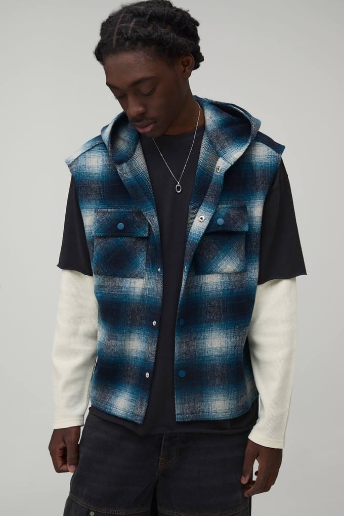 Oversized Brush Check Hooded Sleeveless Overshirt | Blue | Size Small