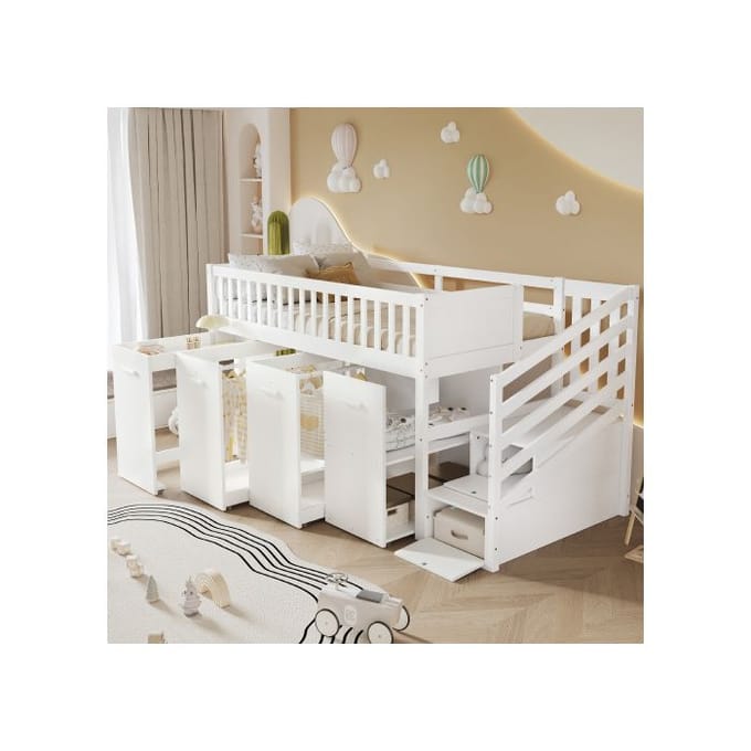 Stapelbed - Multifunctioneel - Wit - Geïntegreerd bureau - Opbergkasten - Verhoogde veiligheid