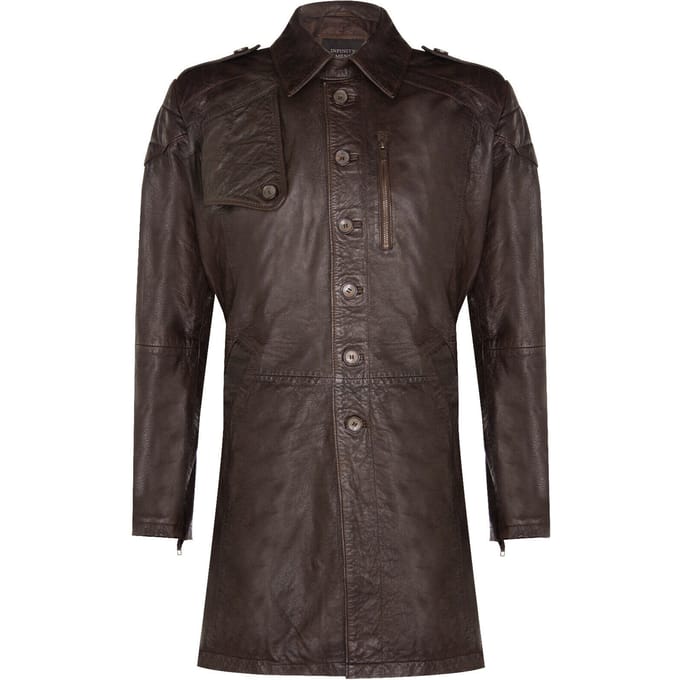 Zachte lange militaire trenchcoat van noodlijdend leer