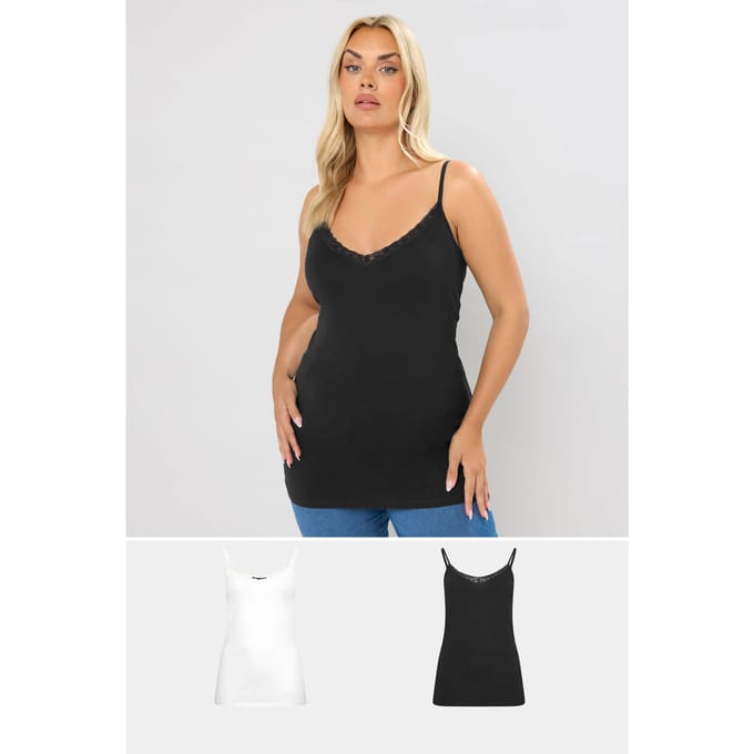 Yours Set Van Twee Paar Camitops Met Kanten Rand In Zwart/Wit Size 46