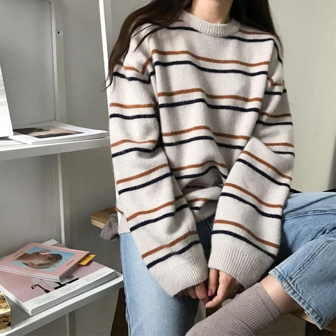 Dames Herfstmode Ronde Hals Lange Mouw Gestreepte Gebreide Trui S