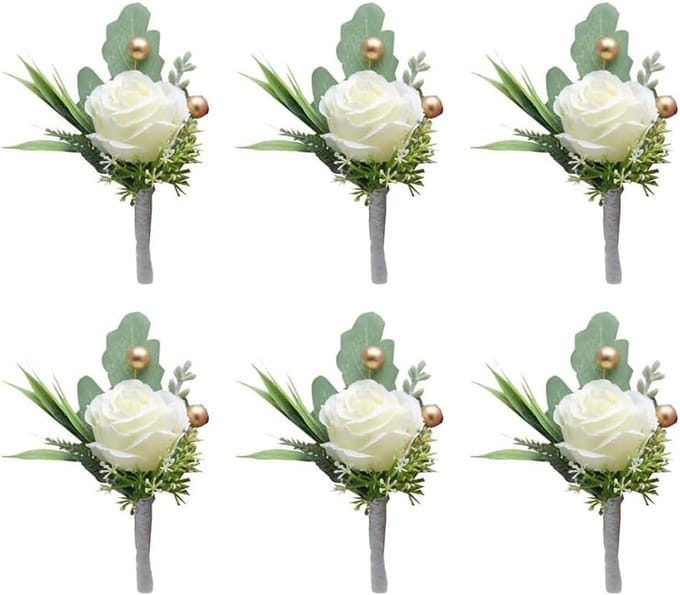 Bruiloft Boutonniere Set - Corsage Mannen - Feestelijke Accessoires - Zijden Witte Roos - 6 stuks - Wit