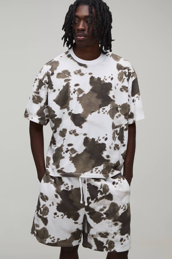 Koeienhuid Print Oversized Boxy T-shirt & Baggy Short Set | Animal | Size XL