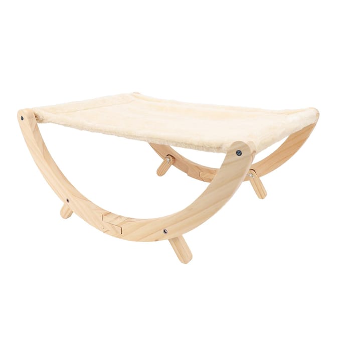 Houten Kattenhangmat Opvouwbaar Antislip Eenvoudig te Monteren Verhoogd Huisdier Hangmat Bed Meubilair voor Binnen Kat Pluche Stijl white