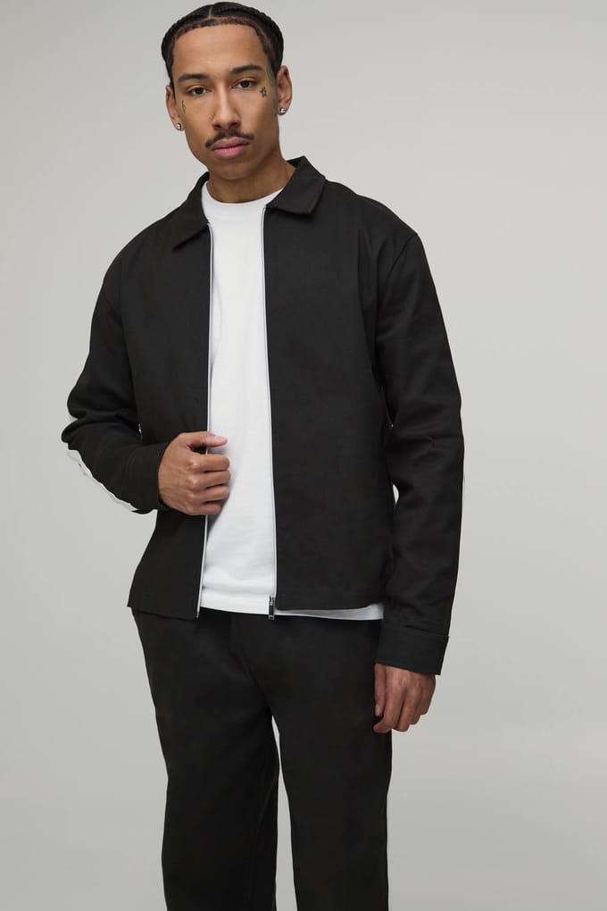 Twill Contrast Tape Regular Zip Up Overshirt & Relaxed Chino Set | Charcoal | Size Medium