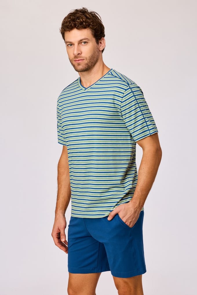 Woody Heren pyjama groen-blauwe streep - maat M