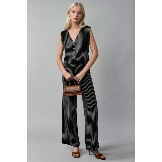 Gestreept Brei Co-Ord Set met V-Hals Vest en Wijde Pantalon