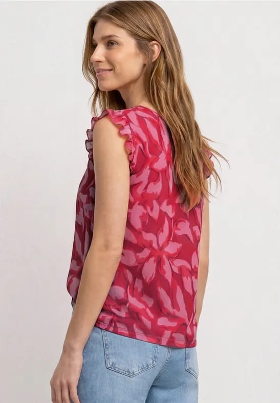 Mesh top met V-hals en print