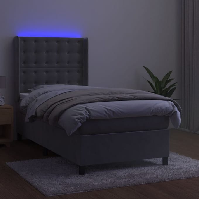 vidaXL - Boxspring - met - matras - en - LED - fluweel - lichtgrijs - 80x200 - cm