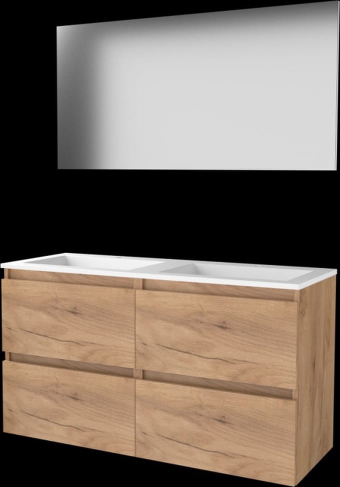 Basic-Line Basic 46 Badkamermeubelset - 120 x 46 cm - Greeploos - 4 Lades - Acryl Wastafel - 2 Kraangaten - Spiegel - Whisky Oak