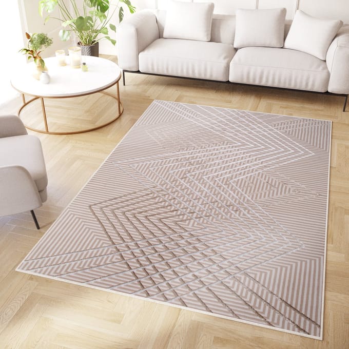 Tapiso Crystal Vloerkleed Beige Zigzag 3D Effect Laagpolig Tapijt Maat- 200x300