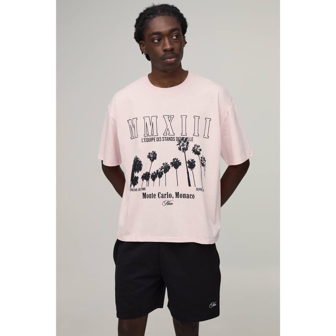 Oversized Boxy Bedrukt T-shirt & Short Set | Pink | Size Medium