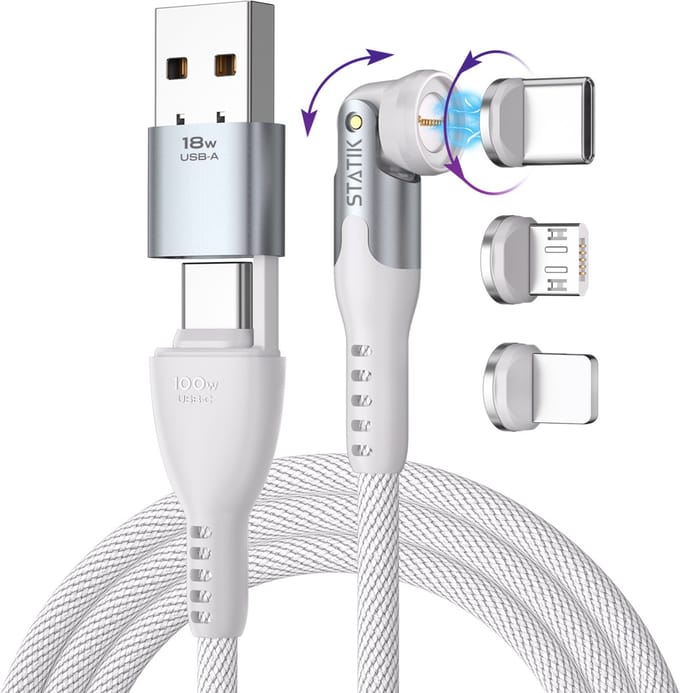 Statik PowerPivot Pro 360 Universeel Magnetisch oplaadkabel - 100W - 480 Mbps Data Transfer - Magnetisch kabel - Nylon Gevlochten - Wit
