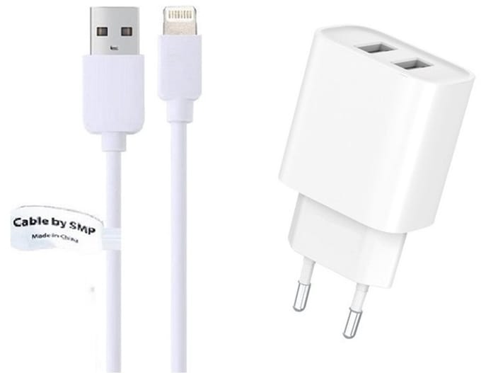 OneOne 2.4A lader met 2 poorten + 1,0m OneOne Lightning kabel. Oplader adapter past op Apple iPhone 12 Pro Max, iPhone 13, iPhone 13 Mini, iPhone 13 Pro, iPhone 13 Pro Max, iPhone 14, iPhone 14 Pro, iPhone 14 Pro Max