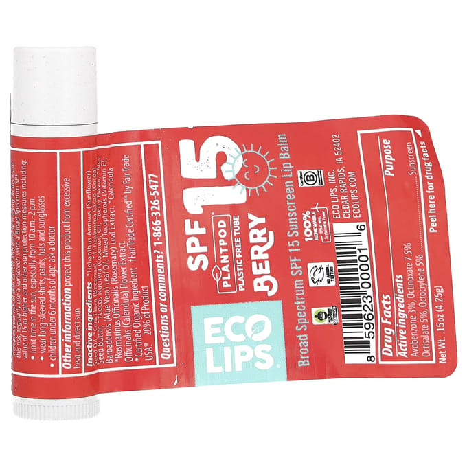 Eco Lips, zonbeschermende lippenbalsem, SPF 15, bes, 4,25 g (0,15 oz) white