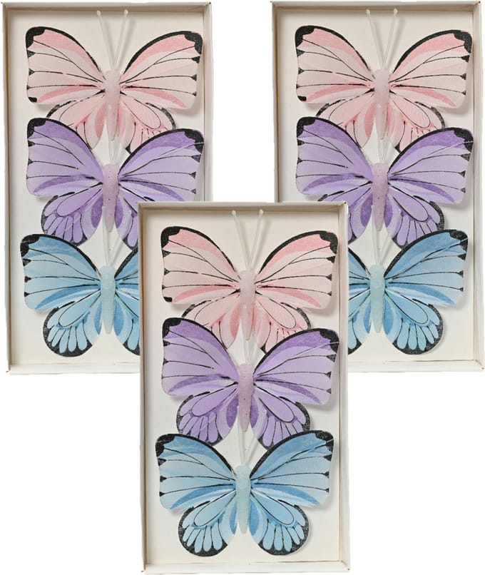 Decoris decoratie vlinders op draad - 9x - gekleurd - 8 x 6 cm