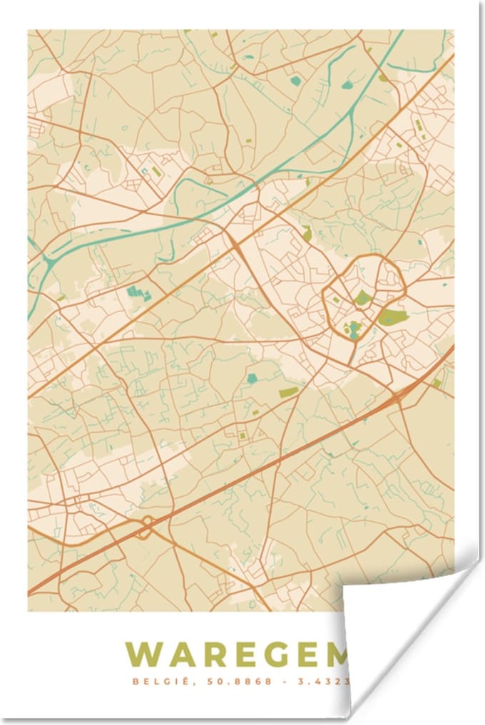 Poster Kaart - Plattegrond - Vintage - Stadskaart - Waregem - 20x30 cm
