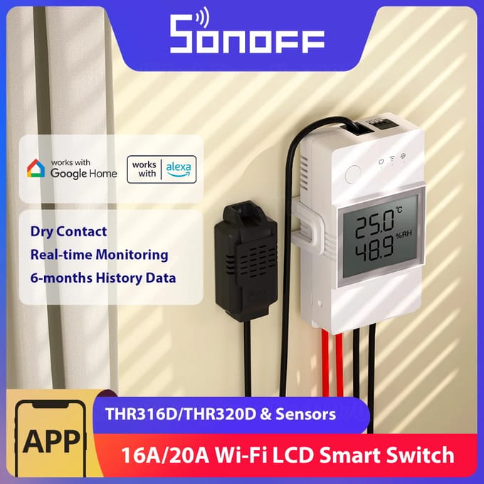 SONOFF THR316D/THR320D Temperatuur Vochtigheid Slimme Schakelaar 16A/20A Droge Contact Uitgang LCD Scherm Monitoring via eWeLink Alexa