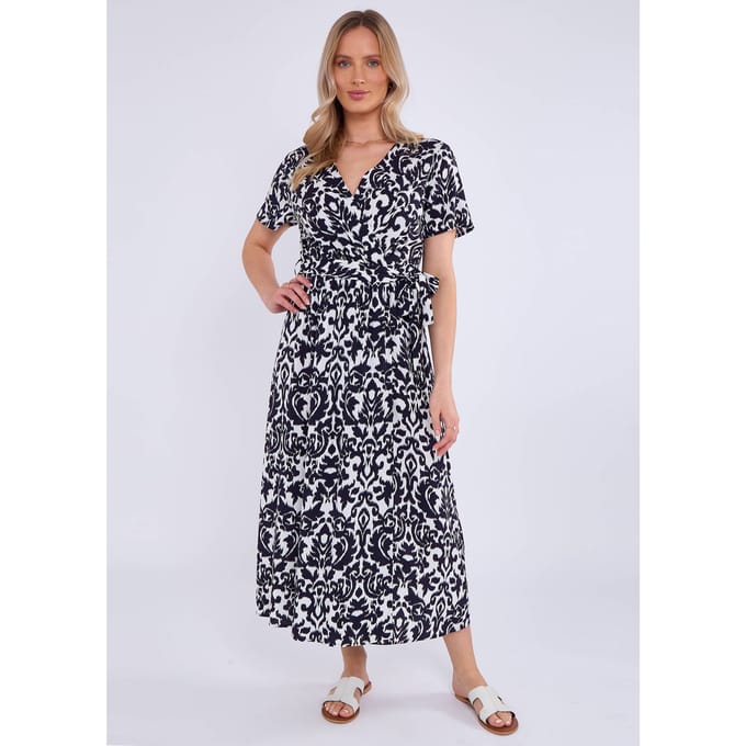 Navy korte mouwen viscose wikkel midi jurk
