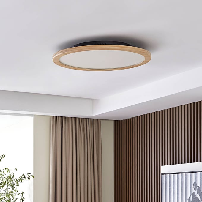 Lucande LED plafondlamp Joren, Ø 48 cm, hout, CCT, afstandsbediening