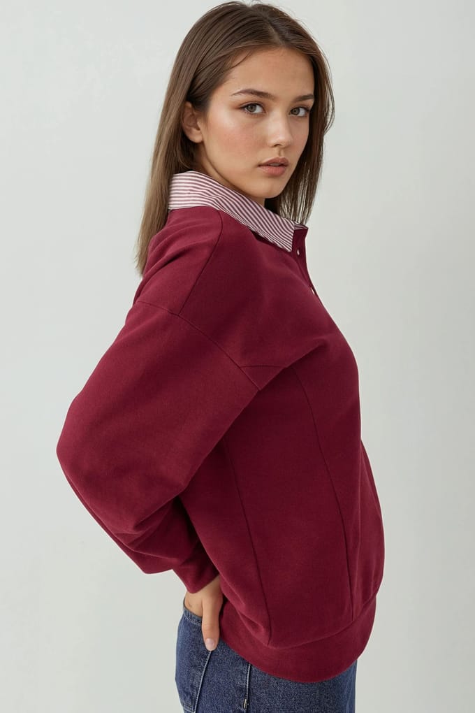 Overmaat Polo Nek Sweatshirt met Geweven Garni Detail
