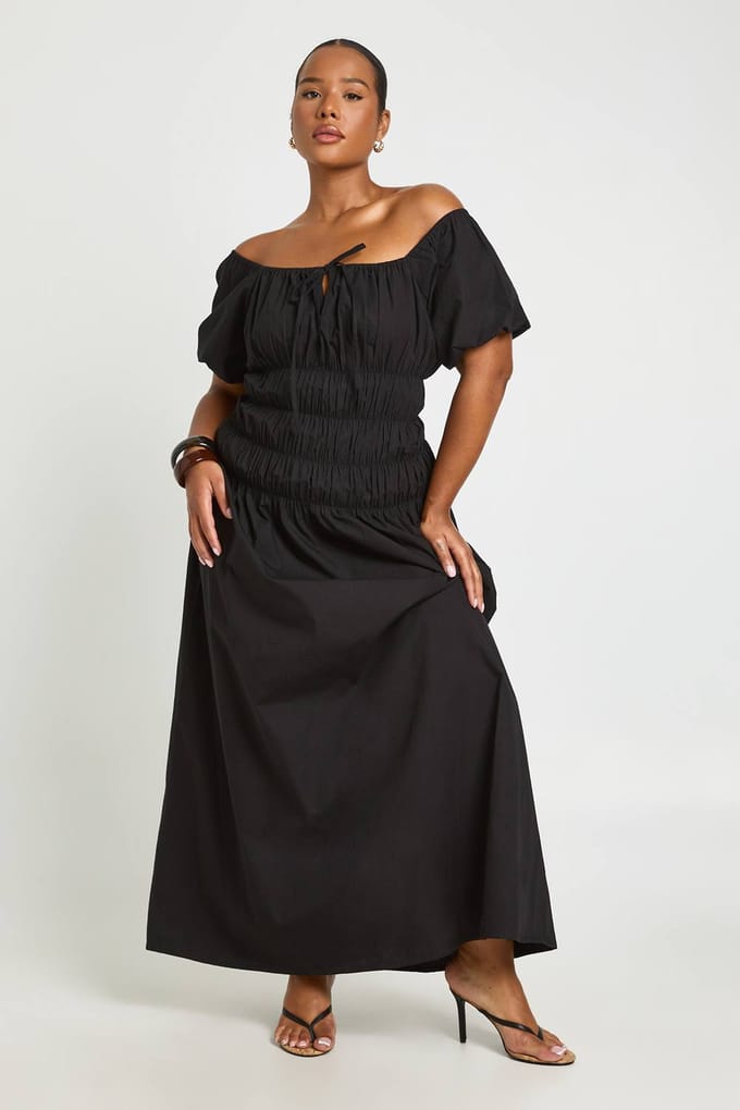 boohoo Dames Plus Pofmouw Gerimpelde Ruches Maxi Jurk | Zwart | Maat: 46