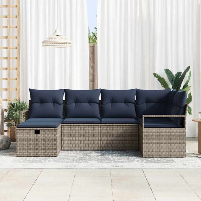 vidaXL - Bankstel - 6 - st - Grijs - en - Marineblauw - poly - rattan