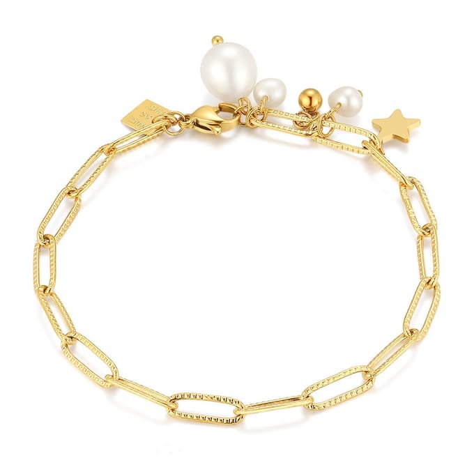 Twice As Nice Armband in goudkleurig edelstaal, ster en parels 16cm+3cm