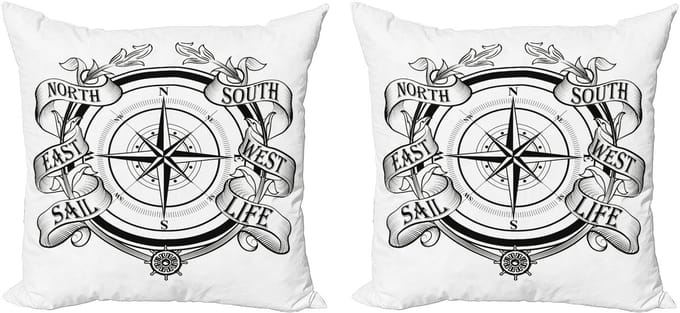ABAKUHAUS Kompas Kussensloop Set (2 stuks), Zeil Navigatieapparaat, 50 cm, wit/zwart