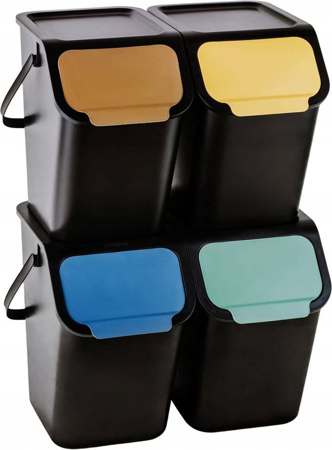 Practic - Prullenbak - Set van 4 prullenbakken - containerset, voor scheiding, 4x25l, zwart, Bini 10100577
