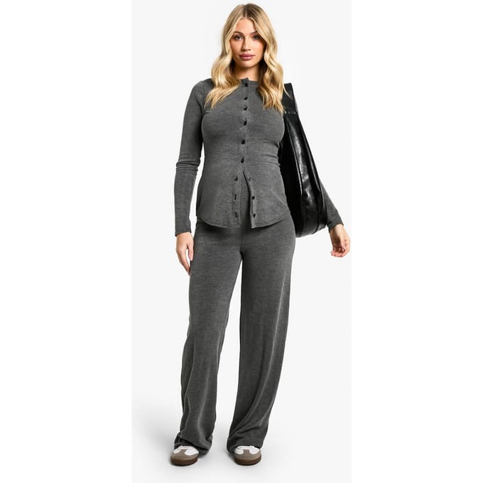 boohoo Dames Maternity Soft Knit Button Cardigan & Wide Leg Trouser | Houtskool | Maat: 36