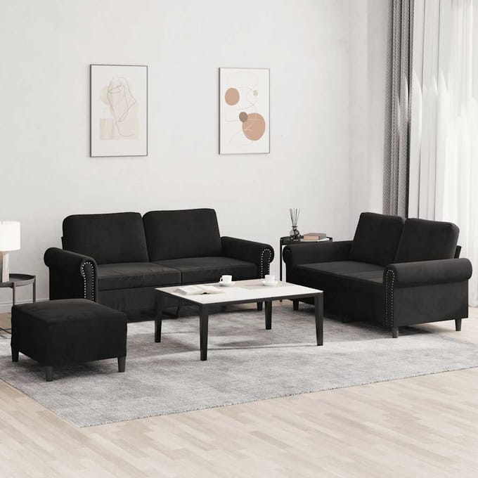 vidaXL - 3-delige - Loungeset - met - kussens - fluweel - zwart