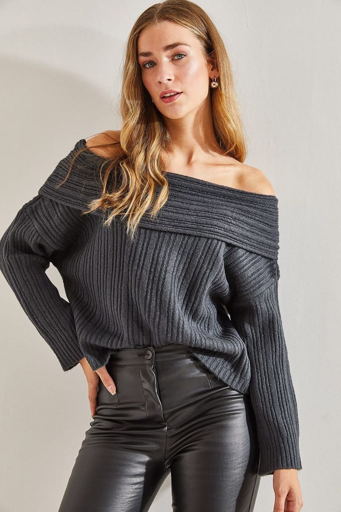 Off Shoulder Geribbelde Gebreide Trui
