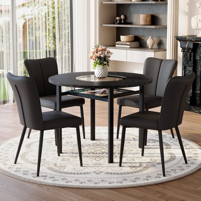 MODFU - Eethoekset - Rond - Met Stoelen - Modern - Voor Eetkamer - MDF Glas Metaal PU - Zwart - 100 Cm