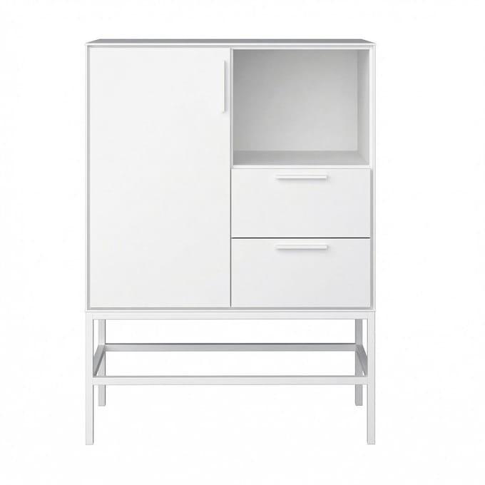 Ravn dressoir 1 deur en 2 lades, wit gelakt, wit metalen frame.