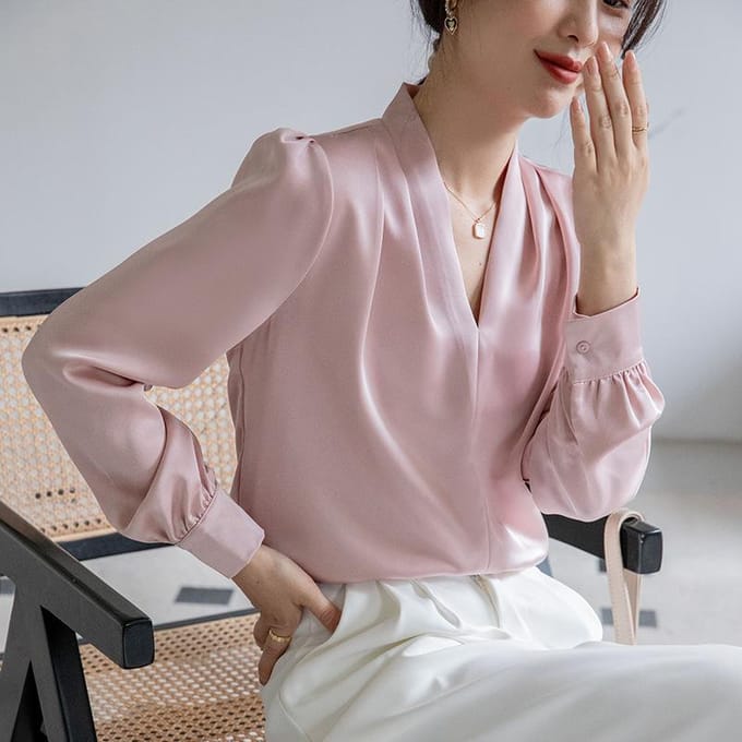 Satijnwit Damesblouse Lange Mouwen V-hals Veelzijdig High-end Professioneel Temperament Top 2XL roze