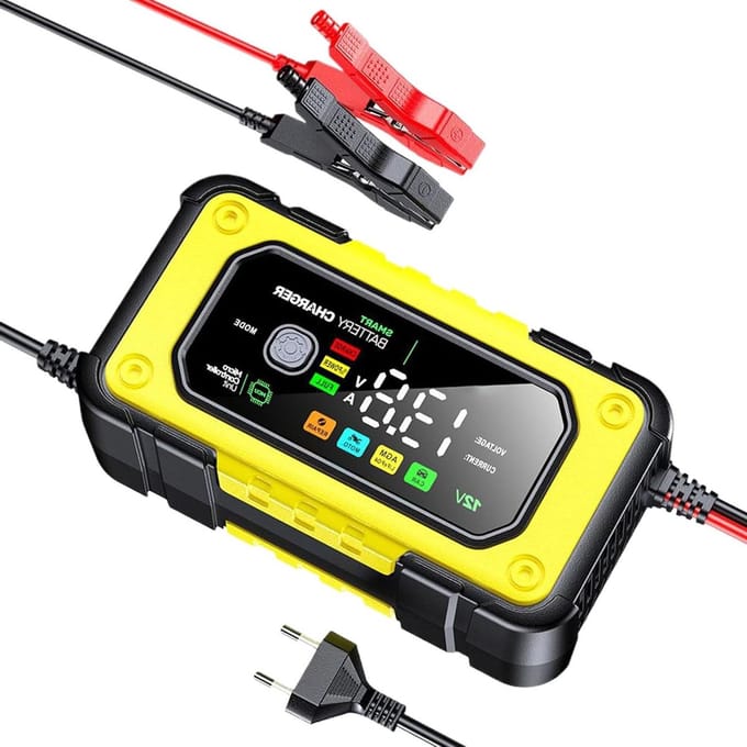 Accu Lader - 12V Lader - Voertuigen Opladen - Kleuren LCD Display - 7A Laadstroom - Geel