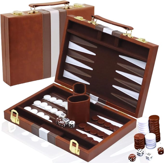 AHD® Backgammon - Backgammon Koffer - Backgammon Reiseditie - Backgammon Hout - Bruin - 29cm x 20cm x 1cm