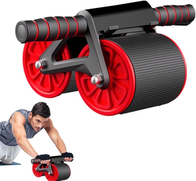 Buikspierroller - Core trainer - Krachtraining thuis - Automatische rebound - 37 cm - Rood blauw grijs