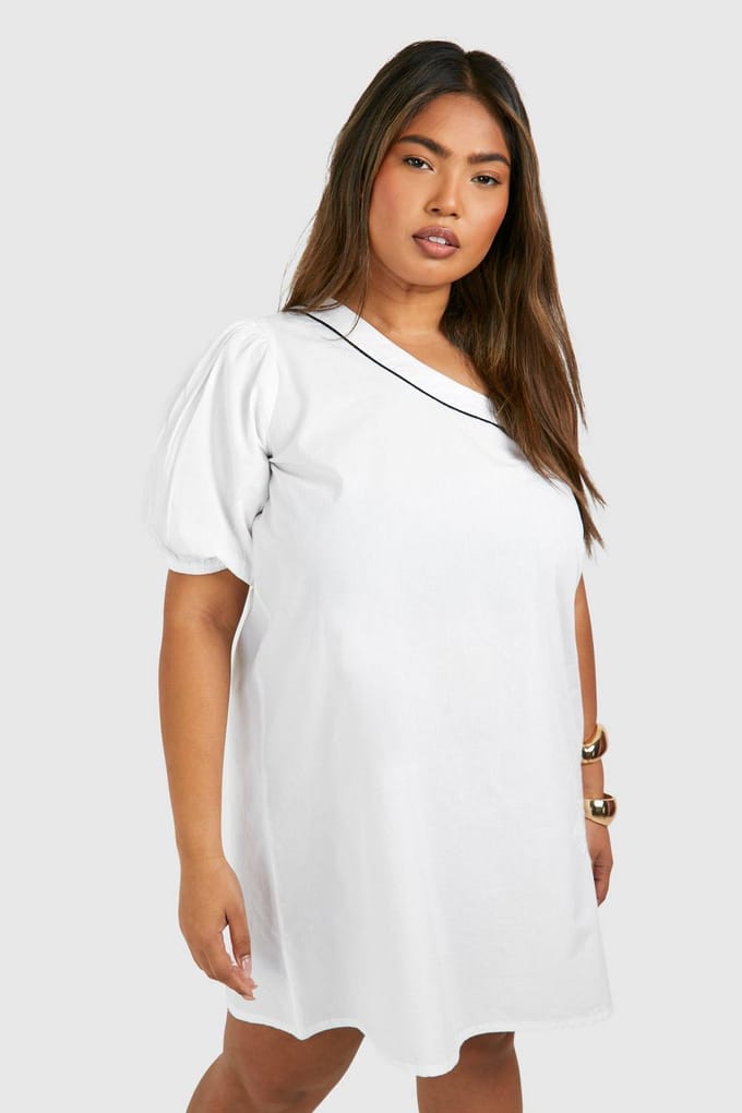 boohoo Dames Plus geweven borduurdetail een-schouder mini-jurk | Wit | Maat: 54