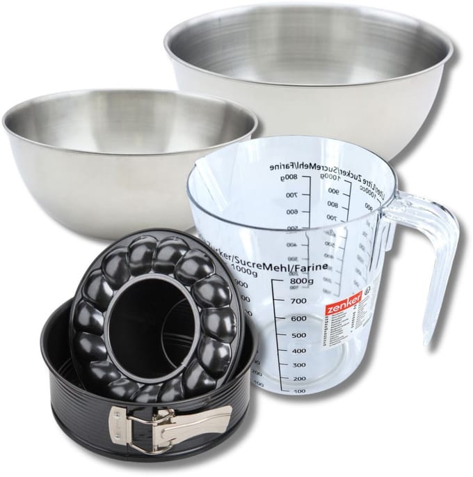 Bakkersset met springvorm en savarinvorm 24 cm, 2 mengkommen, maatbeker en spatel Zenker