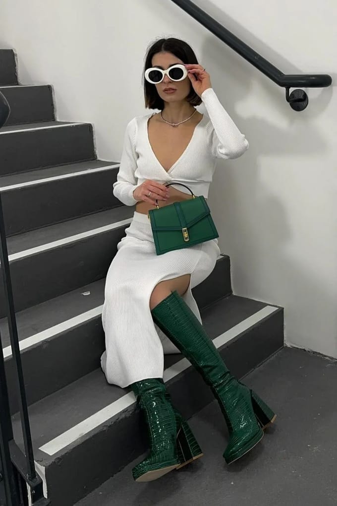 2 Stuks: V-hals Lange Mouwen Crop Top & Hoge Taille Split Maxi Rok