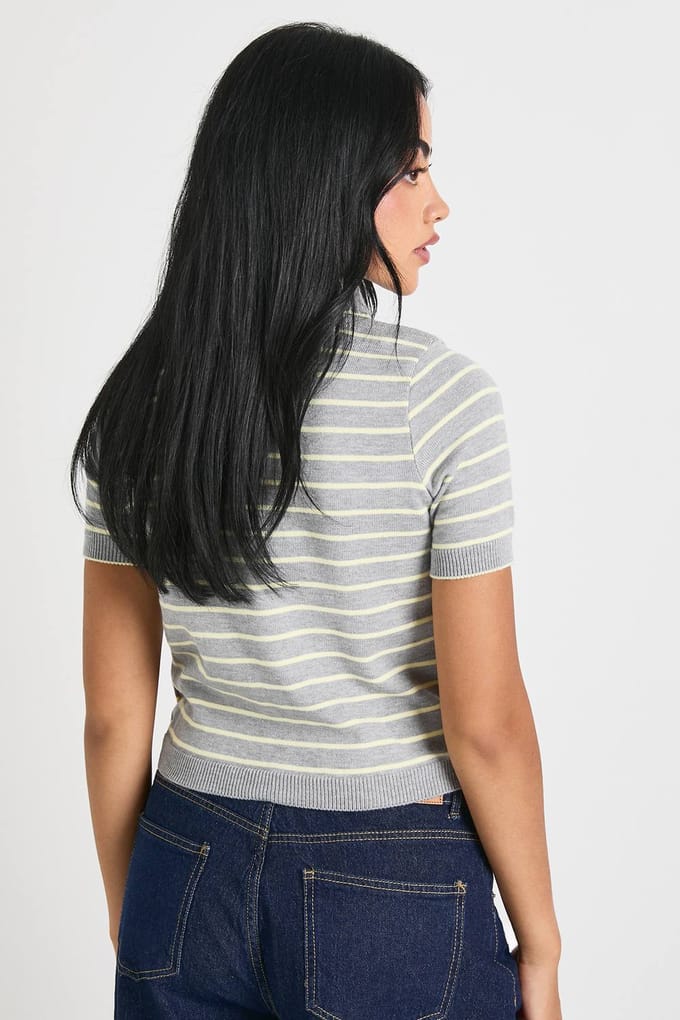 boohoo Dames Gebreide Top met Gestreepte Kraag en Schelprand | Grey | Maat: Small