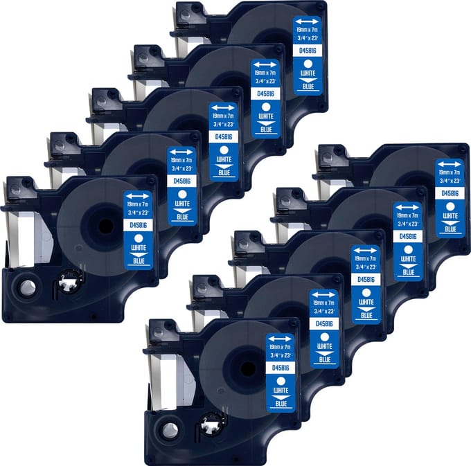 DULA Dymo D1 45816 Compatible label tape - 10 lettertapes - Wit op blauw - 19mm x 7m