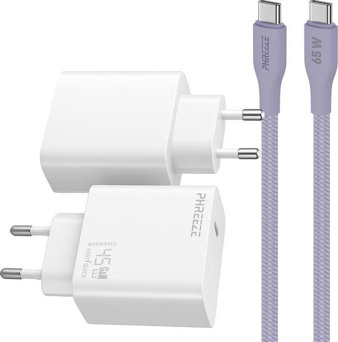 Phreeze usb C snellader 45 W met usb C naar usb C kabel 2 meter - Power Delivery oplader A56 Tab S9 en Laptop