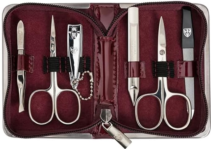 6-delige manicure set met accessoires in wijnrood kunstleer etui